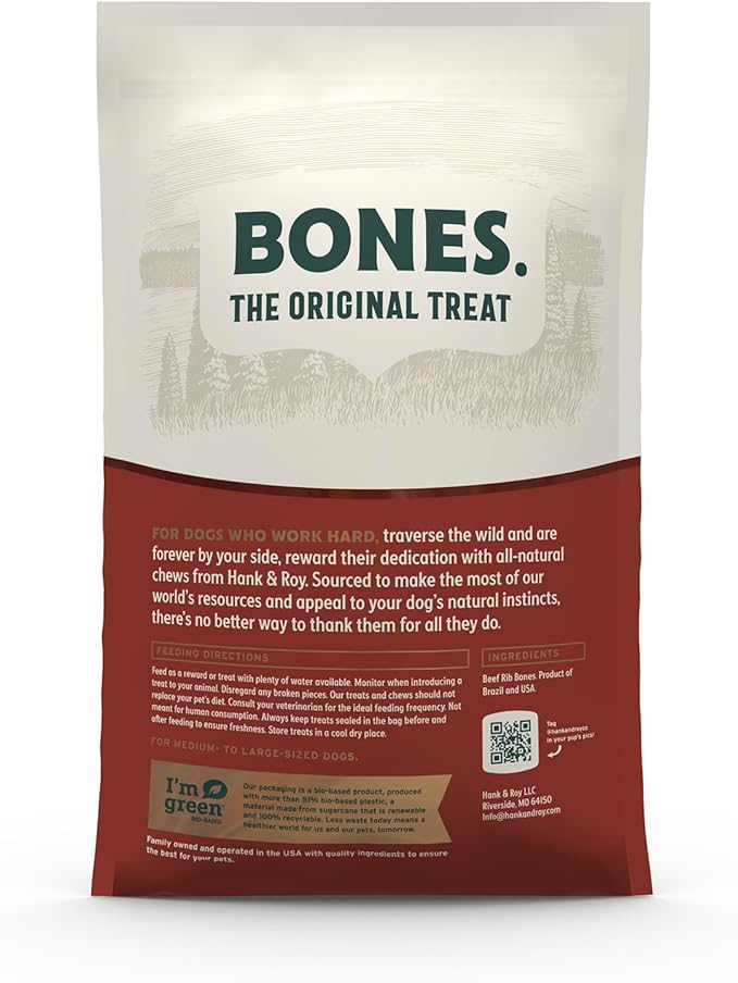 Hank & Roy All-Natural, Single-Ingredient 8-10” Beef Rib Bones for Dogs, Long Lasting, Engaging Dog Bones, Individually Wrapped for Odor Control and Freshness