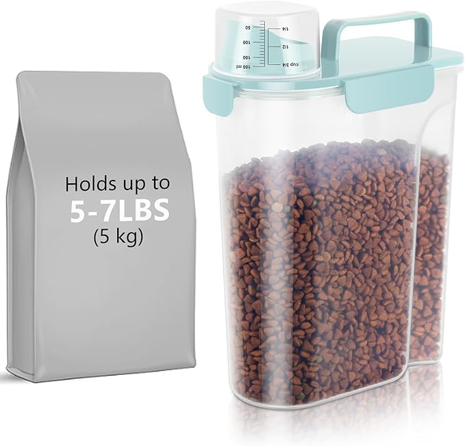 5-7Lbs Airtight Cat Dog Food Storage Container Portable with Upgraded Large Spout and Cup, Plastic Pet Dispenser for Small Animal Kibble, Bird Seed, Oatmeal, Rice, Flour, Brown Sugart-Sky Blue