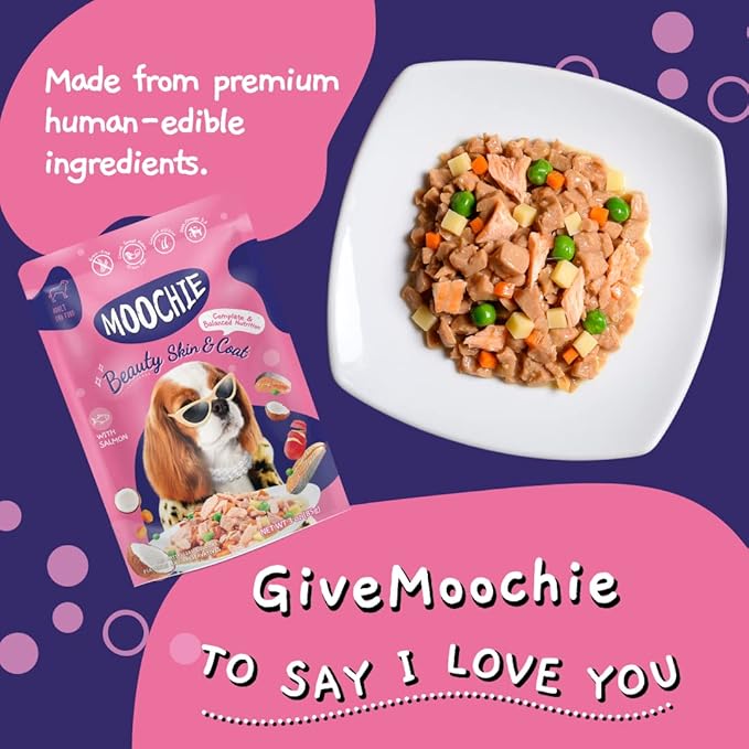 MOOCHIE Grain Free Small Dogs Wet Dog Food - Skin and Coat - Salmon, Chicken & Beef - No Artificial Flavors or Preservative - 12 x 3 oz Pouch