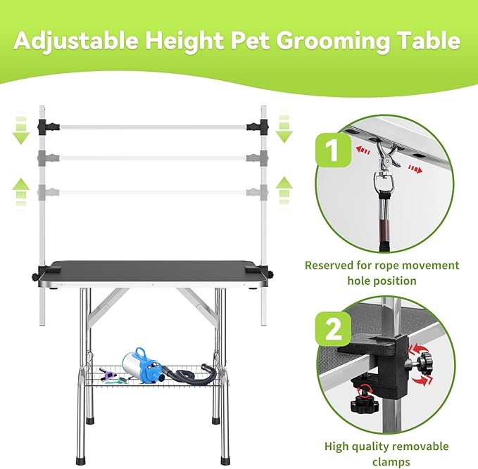 36" Large Dog Grooming Table, Non-Slip Tabletop with Adjustable Armrests, Lasso, Tool Organizer, Grid Tray, Foldable Home Pet Station, Maximum Weight Capacity 330 lbs,Blue