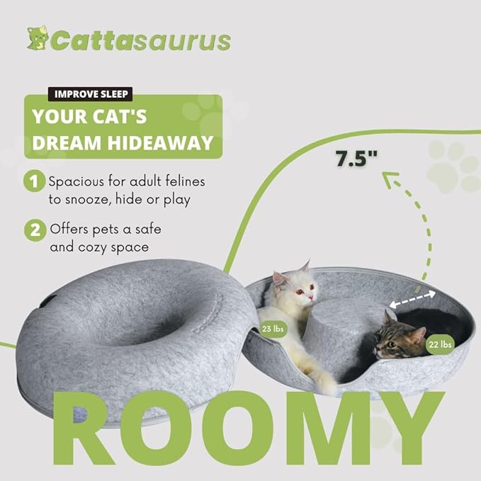 CATTASAURUS Peekaboo Cat Cave for Multiple & Large Cats Up to 30-45 Lbs, Scratch Detachable & Washable Tunnel Bed, Comfy Donut Cat Cave (Light Gray + Light Gray, Large)
