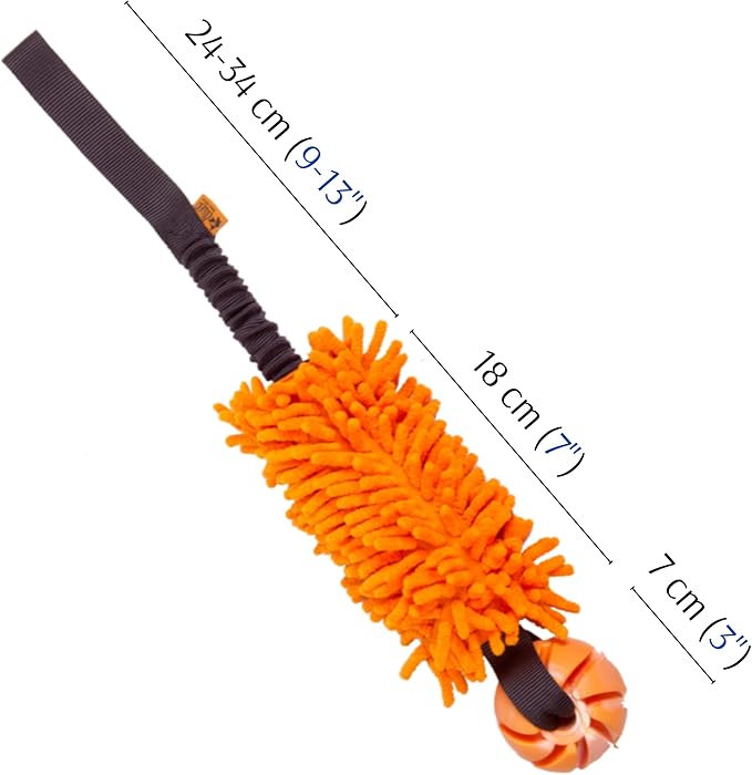 Dingo Dog tug of war toy for outdoor play traning agility,cuddly and shaggy plush tug toy for motivation and fun,soft nubby-textured noodle plush with bungee shock absorber and rubber ball orange15586