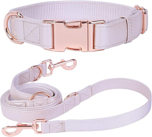 Soft Leather Dog Collar and Leash (6.6') Set - Stylish Rose Gold Heavy Duty Metal Buckle, 4 Adjustable Lengths Leash for Small Medium Large Dogs - Comfortable & Easy to Clean M(13.8"-19.7"), Gold Pink