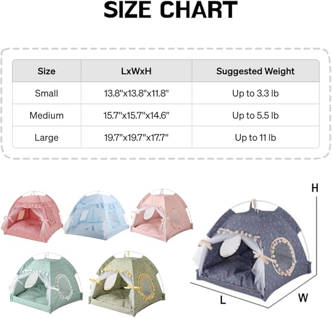 Cat Bed Tents Dog House Indoor Outdoor Lace Mesh Breathable Windows Door Curtains Removable Portable Nest Teepe House (Large,Pink(Flower))