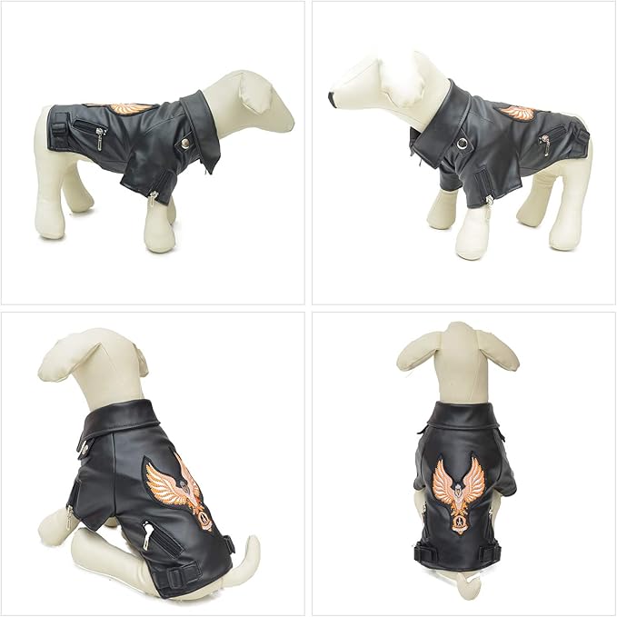 Lovelonglong Cool Dog Leather Jacket, Warm Coats Dogs Windproof Cold Weather Coats for Large Medium Small Dogs with Eagle Embroidery Black B-L