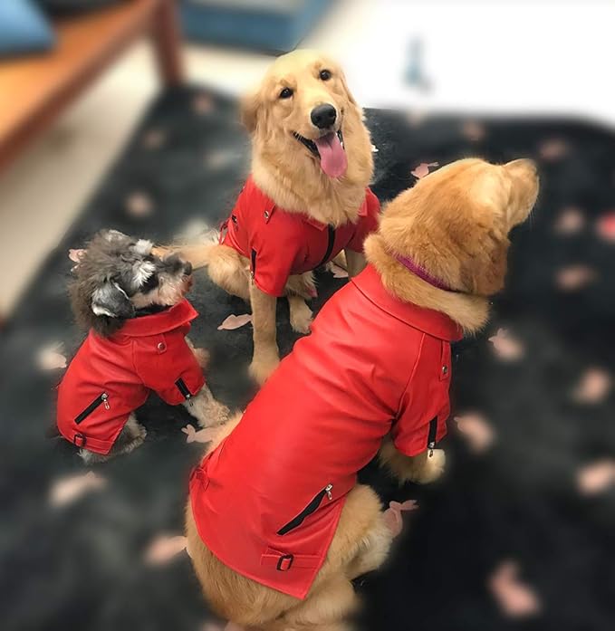 Lovelonglong Cool Dog Leather Jacket, Warm Coats Dogs Windproof Cold Weather Coats for Large Medium Small Dogs, Bichon Clothing Red XL