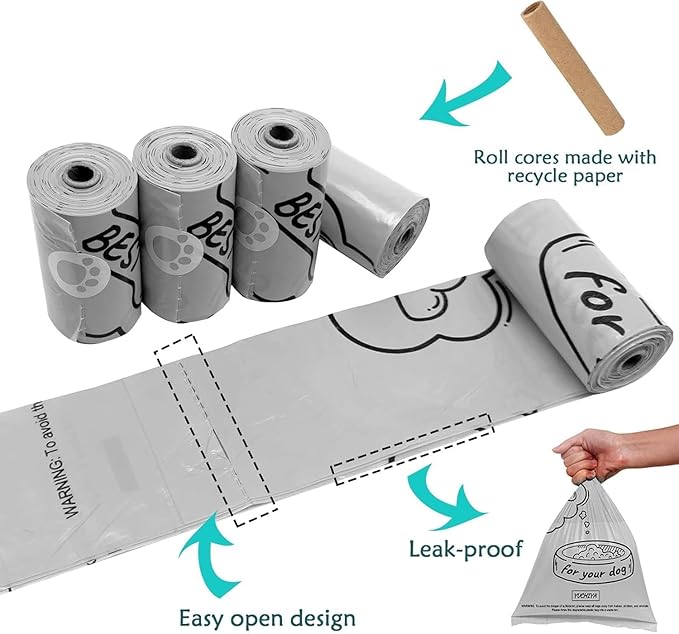 Dog Poop Bags Holder with LED Flashlight|Pet Waste Bags Dispenser for Leash|Doggie Potty Bags Container with Leak-proof Pet Trash Bags and Accessories (Light Gray, 1 Holder 15 Bags)