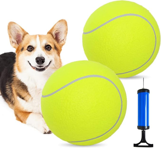 Pomeat 2 PCS Gaint Tennis Ball for Dogs, 9.5" Inflatable Large Tennis Balls Pet Chew Toy, Inflatable Rubber Non-Toxic Pet Toy Balls with Pump & Needle for Small Medium Large Dogs