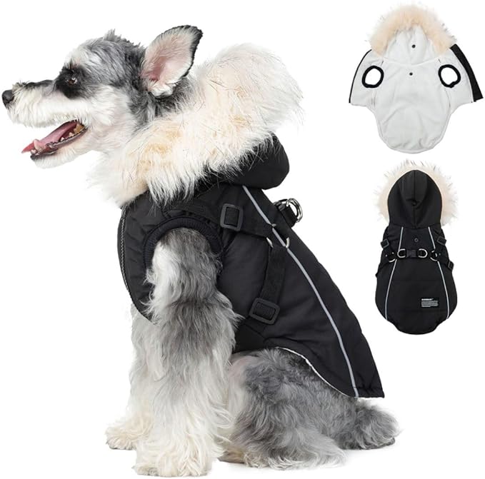 PINA Winter Coat with Waterproof Fabric, Faux Fur Hood, Reflective Strap for Small to Large Dogs, Black, S