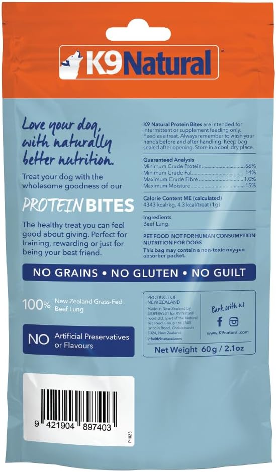 K9 Natural, Freeze-Dried Single Ingredient Dog Treats, High-Value, Low-Calorie Protein Bites for Active Dogs, Healthy Dog Training Treats, Grain-Free Reward, Beef Lung, 2.1oz (Pack of 2)