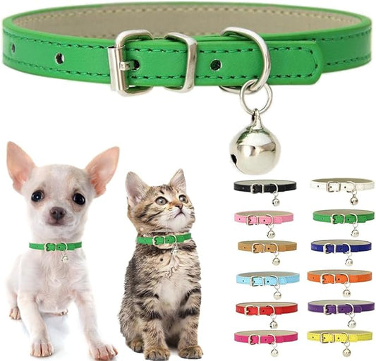 Green Puppy Collar with Bell, Soft Pu Leather Cat Collars Adjustable Buckle for XXS XS Extra Small Medium Tiny Female Male Boys Girls Pets Dogs Kitten Teacup Yorkie S