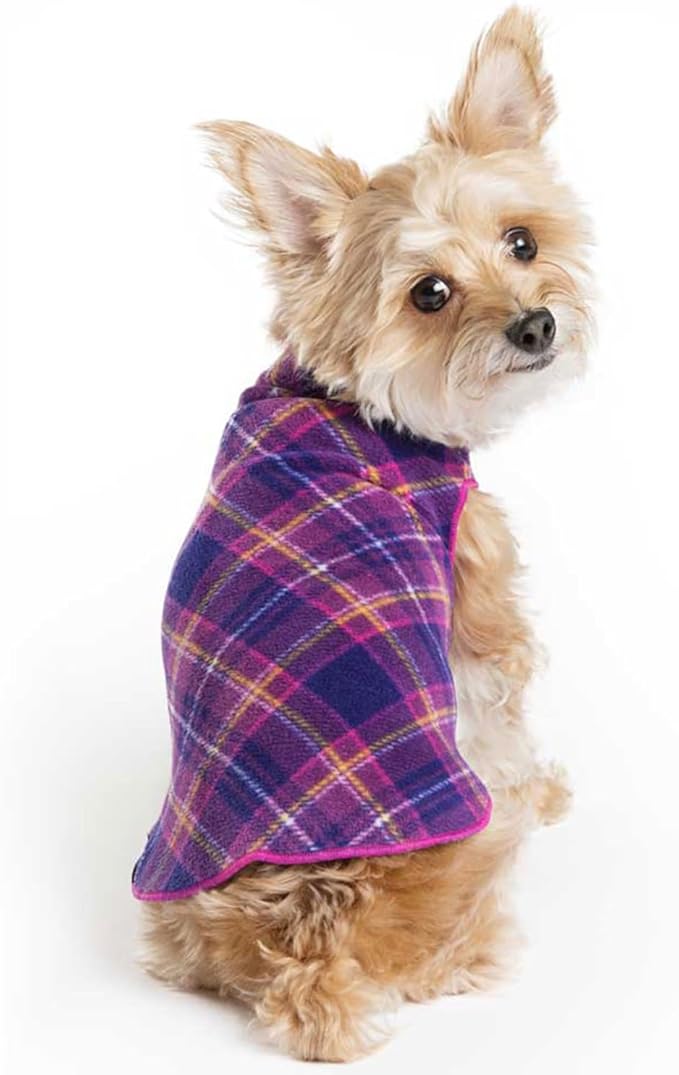 Goldpaw Stretchy Fleece Jacket for Small Dogs - Super Soft, Warm Dog Sweater - Pet Sweater Vest for Fall and Winter - Canine Clothes Made in The USA - Machine Washable - Mulberry Plaid - Size 14