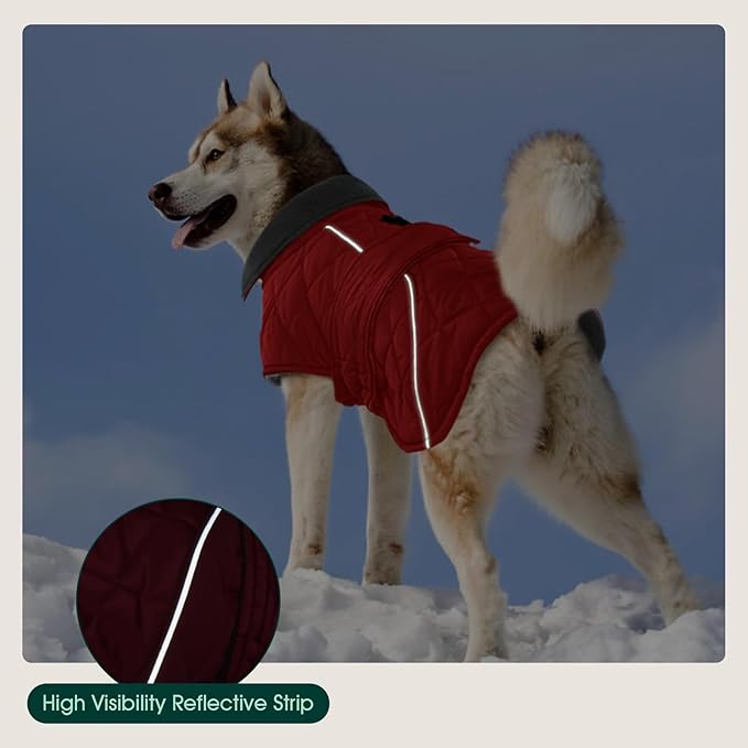 Kuoser Extra Warm Windproof Dog Cold Weather Coat, Fleece Lined Turtleneck Christmas Dog Jacket, Quilted Pet Winter Snowsuit Thermal Clothes with Reflective Adjustable Straps, Red L