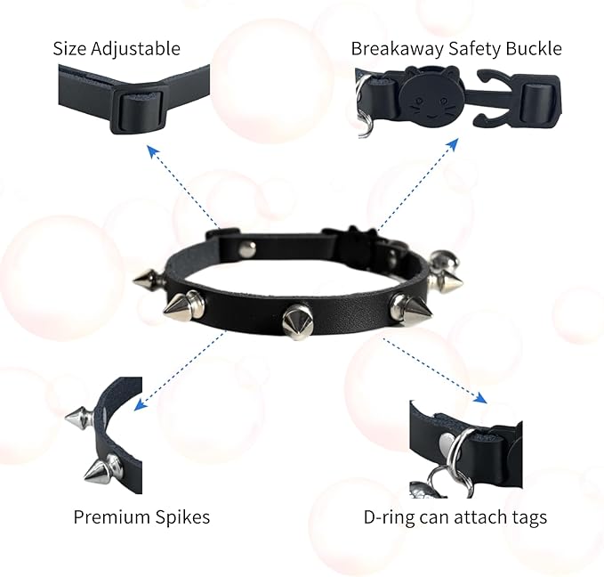 Spiked Cat Collar with Bells, Breakaway Genuine Leather Protective Collar for Kitty, Studs Spikes Punk Style Adjustable for Girl Boy Kittens Small Bunny Rabbit, 10"-12" Black