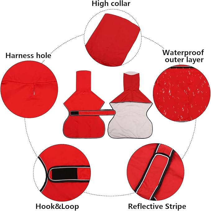Dog Raincoat with Reflective Bar, Rain/Water Resistant, Adjustable Vest - Dog Raincoats for Greyhounds, Lurchers and Whippets - Red - XL