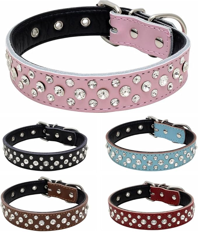 Rhinestones Dog Collar, Adjustable Sparkly Crystal Studded Genuine Leather Pet Dog Collar for Small and Medium Dogs (L, Purple)