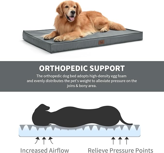 Outdoor Extra Large Dog Bed, Jumbo Waterproof Dog Bed for Large Dogs, Orthopedic Egg Crate Foam Pet Mat with Removable Oxford Cooling Cover, Grey