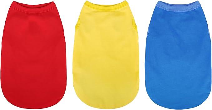 Upgrade Your Pup's Wardrobe: 3-Pack Sleeveless Cotton Dog Shirts for Small and Medium Dogs. Keep Your Pet Cool and Stylish with Colorful Tank Tops Red Yellow and Blue S