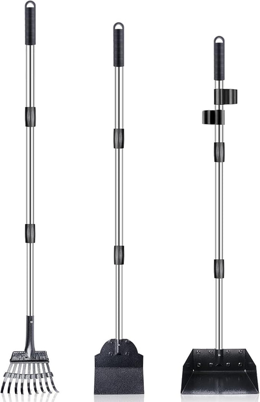 TNELTUEB Dog Pooper Scooper Set, 3 Pack Adjustable 49.1 Inches Long Handle Metal Tray, Rake and Spade Poop Scoop for Waste Removal, No Bending Clean Up for Large and Small Dog