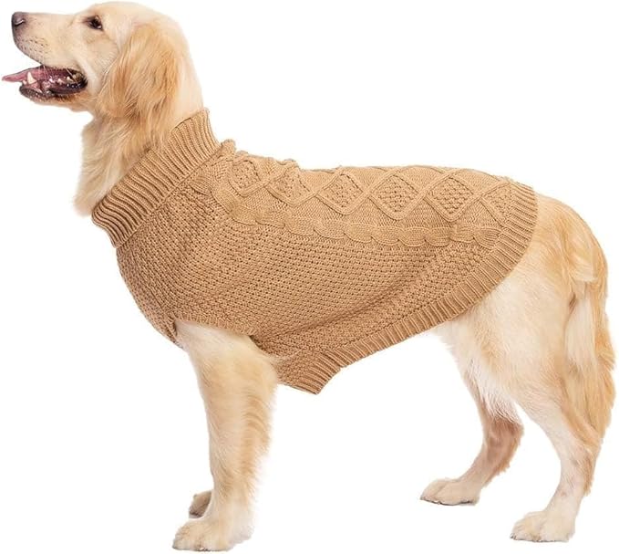 Mihachi Turtleneck Dog Sweater - Winter Coat Apparel Classic Cable Knit Clothes with Leash Hole for Cold Weather, Ideal Gift for Pet in New Year Khaki X-Large