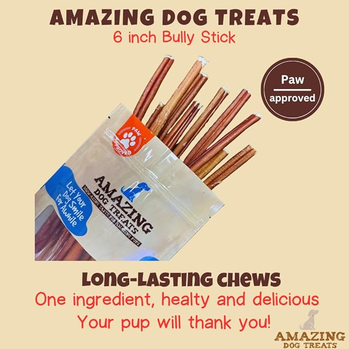 Amazing Dog Treats - Bully Sticks for Small Dogs (6 Inch Junior - 25 Count) - Premium Thin Bully Sticks for Dogs - Best Bully Stick Dog Chews - Bully Bones for Puppies and Small Breeds
