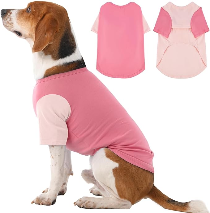 2 Pack Large Dog Shirts for Summer - Stretchy Breathable Cotton Dogs T-Shirt, Protect Skin Easy On and Off Clothes for French Bulldog, Pug, Daily Wear, Sleeping, Camping, Park, Travel, Pink