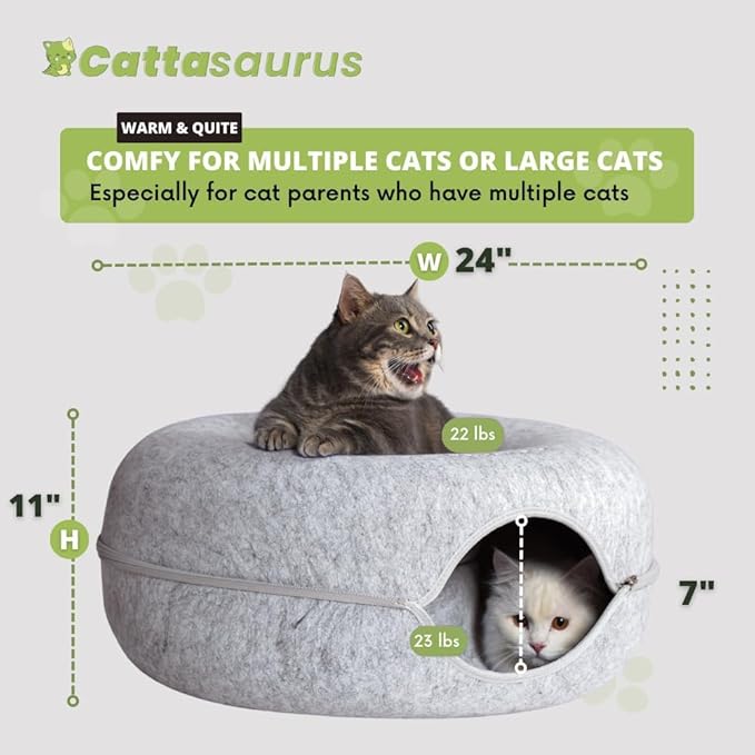 CATTASAURUS Peekaboo Cat Cave for Multiple & Large Cats Up to 30-45 Lbs, Scratch Detachable & Washable Tunnel Bed, Comfy Donut Cat Cave (Light Gray + Light Gray, Large)