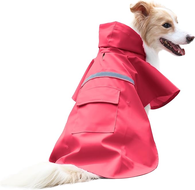 NACOCO Large Dog Raincoat Adjustable Pet Water Proof Clothes Lightweight Rain Jacket Poncho Hoodies with Strip Reflective (L, Red)