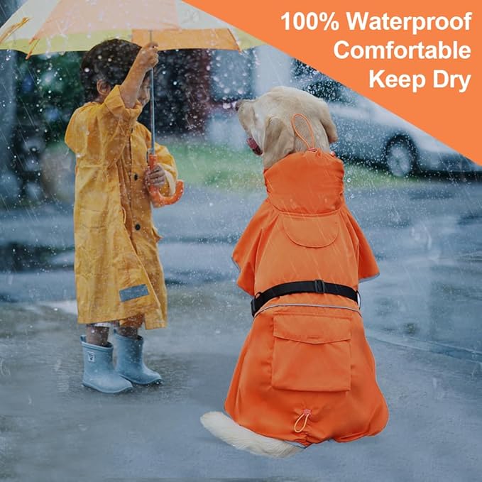 Reflective Dog Raincoat Waterproof Adjustable Dog Hooded Poncho Raincoat for Medium Large Dogs, Lightweight Pet Rain Jacket (Orange, 3XL)