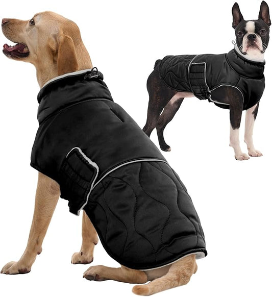 FUAMEY Extra Large Warm Dog Coat Waterproof, Adjustable Sherpa Jackets for Dogs Sow Outdoor, Turtleneck Doggy Vest with Fleece Lined, Thermal Pet Winter Outfits (Black, XL)