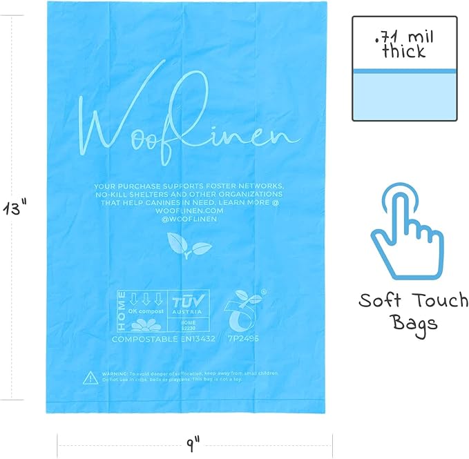 Wooflinen 100% Compostable Dog Poop Bags - EN13432 Home Compost Certified Dog Waste Bags, 120 Count (8 Rolls) - Easy Open - Large and Thick
