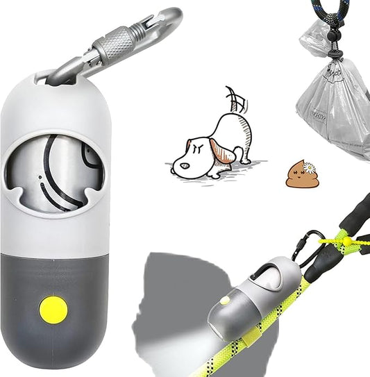 Dog Poop Bag Dispenser with Flashlight|Dog Poop Bag Holder with Leash Clip|Hands-Free Leash Holder with Straps and 1 Roll Waste Bags (Light Grey)