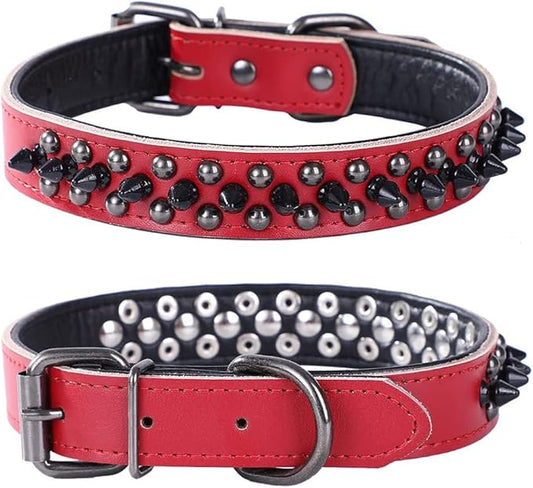 Adjustable Genuine Leather Spiked Studded Dog Collars for Small Medium Large Pets Like Pit Bull Bulldog Pugs Husky (L, Red1)