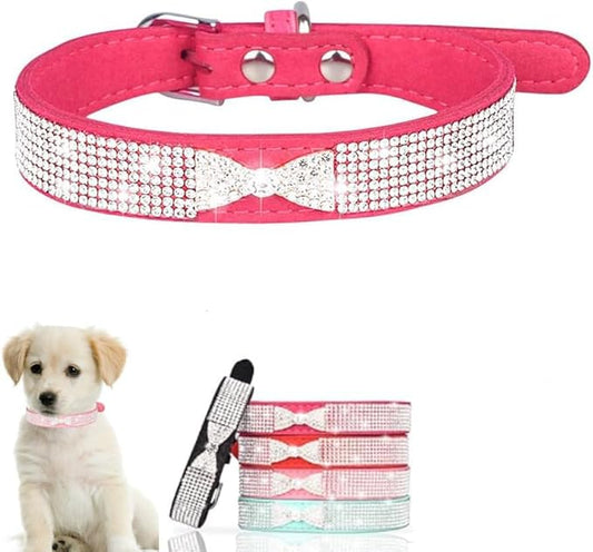 Serijoars Small Dog Collar with Rhinestone Crystal Diamond Colorful Bling Girl Puppy Cat Collars (M, Hot Pink3)