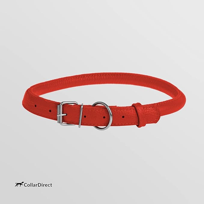 CollarDirect Rolled Leather Dog Collar, Soft Padded Round Puppy Collar, Handmade Genuine Leather Collar Dog Small Large Cat Collars 13 Colors (13-16 Inch, Red Textured)