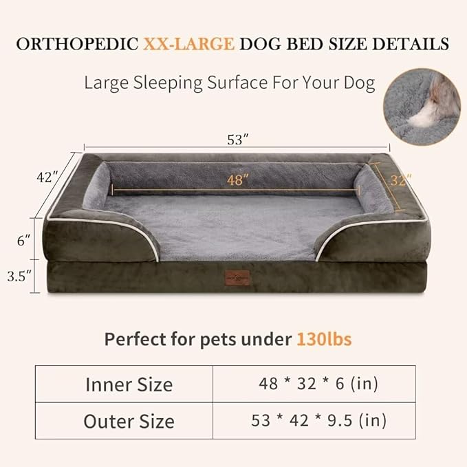 Comfort Expression Orthopedic Dog Bed for Extra Large Dogs 45x35 Inch, Waterproof Egg Crate Foam XL Pet Bed with Removable Bolsters, Dog Couch with Washable Cover & Non-Slip Bottom, Grey Green