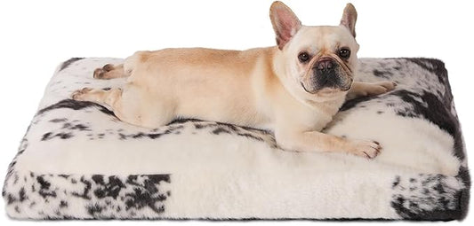 Bedfolks Waterproof Crate Bed, Plush With Removable Washable Cover, Faux Fur Pad for Large Dogs, Fluffy Kennel 35"x23", Black-White Cowhide