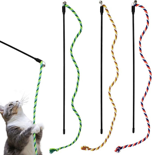 Interactive Cat Toys, 3 Pcs Cat Wand Toys for Indoor Kitten with Colorful Hemp Rope and Small Bell, Kitty Teaser String Toy for Indoor Cats to Chase and Exercise