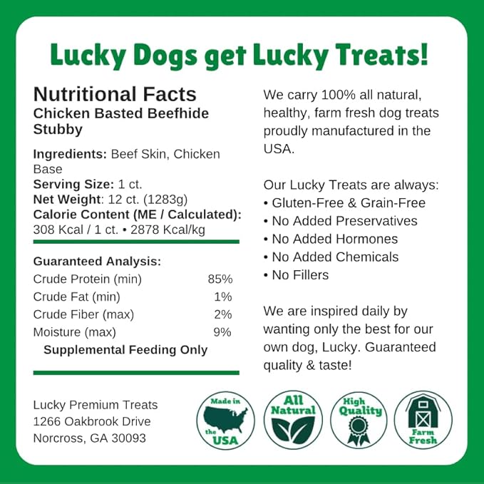 Lucky Premium Treats Chicken Basted Rawhide Stubbys – All Natural Rawhide and Chicken Dog Treats, Gluten Free Premium Large Dog Treats (12 Chews)