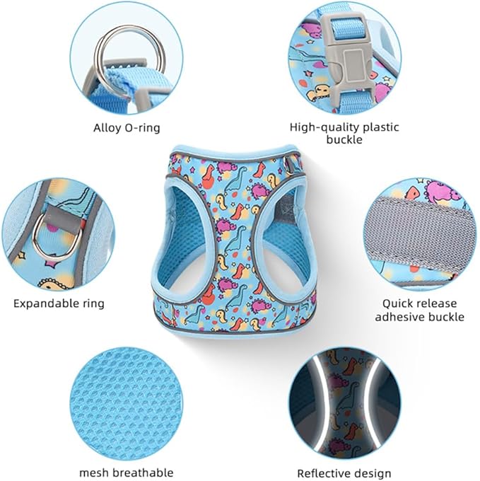Step in Dog Harness and Leash Set, Flower Adjustable Easy Walk Puppy Harnesses, Soft Mesh Pet Vest Harness Small Size Dog Adjustable No Pull Dog Harness for Small Medium Dogs(Dinosaur, M)