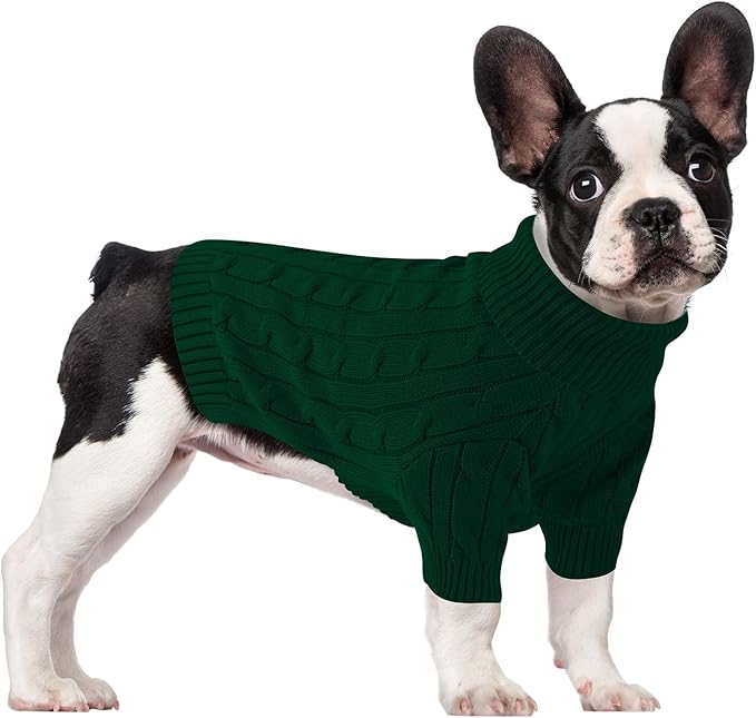 Small Dog Thermal Pullover Sweater, Classic Turtleneck Cable Knitwear Dog Clothes for Cold Weather Warm Pet Clothes for Chihuahua, Bulldog, Dachshund, Pug Green Small