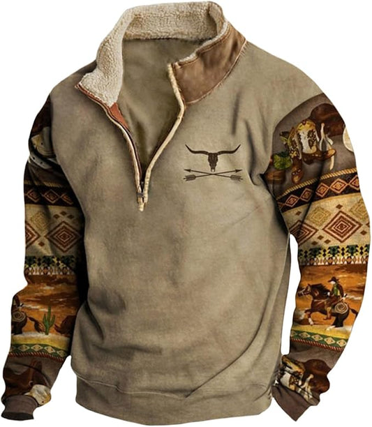 HOTYD Western Jackets for Men Cowboy Sweatshirts Vintage Ethnic Graphic Casual Long Sleeve Top 1/4 Zip Pullover Hoodies