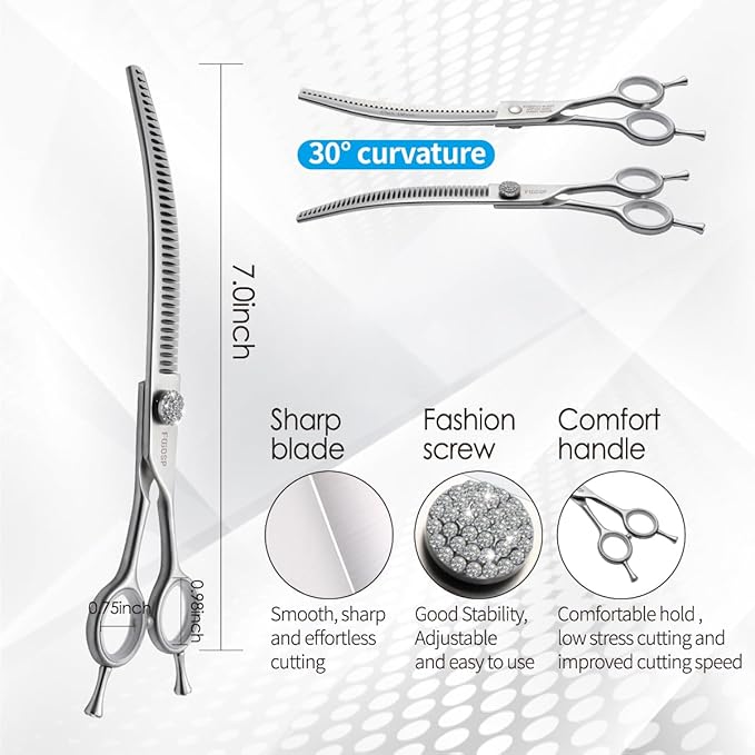 7.0'' Curved Chunkers Shears for Dog Grooming Professional Magic Grooming Scissors with Big Artificial Diamonds 30 Teeth for Large Dogs(7.0 in, Curved Chunkers)