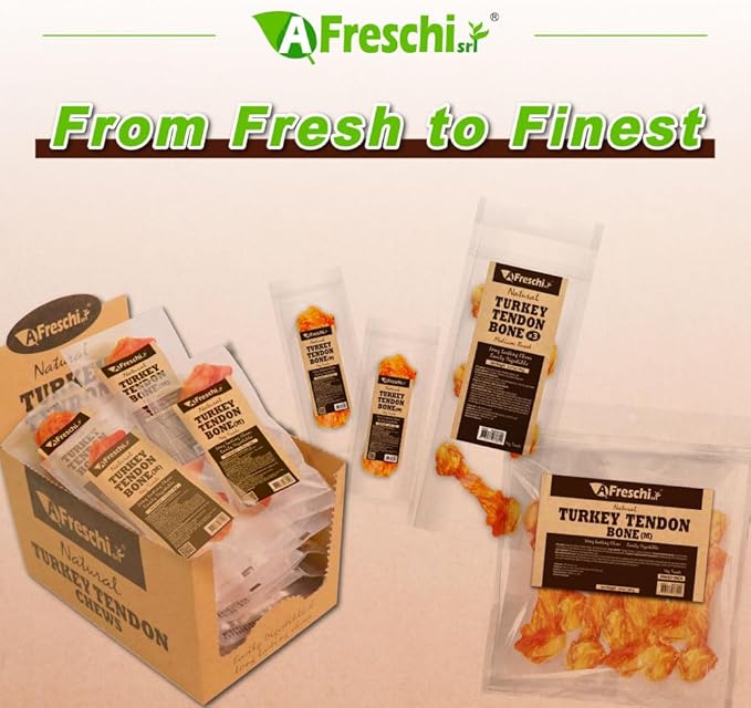 AFreschi Turkey Tendons for Dogs, USA-Sourced, Healthy Dog Treats, Rawhide-Free Puppy Chews, Long Lasting, All Natural, Hypoallergenic Dog Treats for Medium Breeds, 20 Count Box Bone (M)
