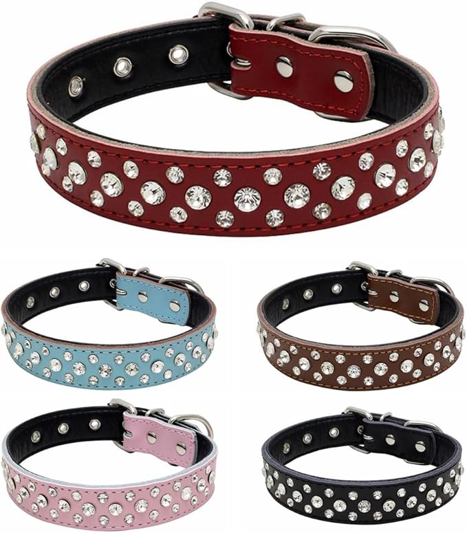 Rhinestones Dog Collar, Adjustable Sparkly Crystal Studded Genuine Leather Pet Dog Collar for Small and Medium Dogs (L, Red)