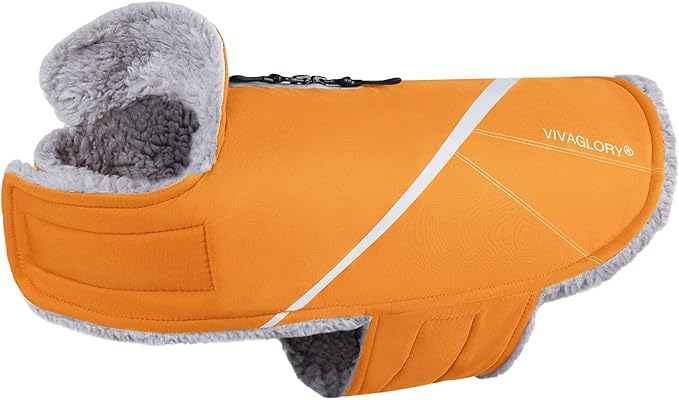 VIVAGLORY Snowrap Dog Coat, Jacket with Harness Hole & Velcro Closure, Dog Coat for Winter & Cold Weather, Fluffy Warm Fleece Lined Reflective Water Resistant for Puppy, S, Orange
