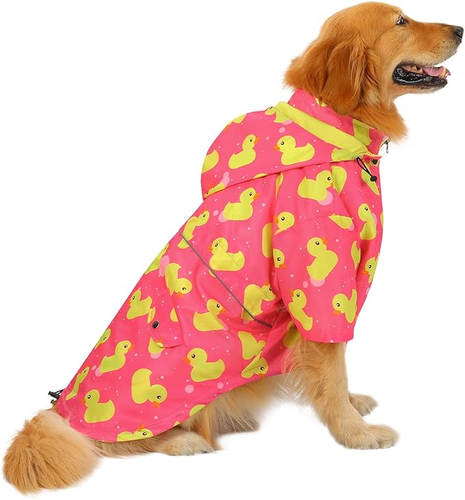 HDE Dog Raincoat Poncho Double Layer Zip Rain Jacket with Removable Hood, Leash Hole for Small to 3XL Dogs and Puppies Ducks Pink - XL
