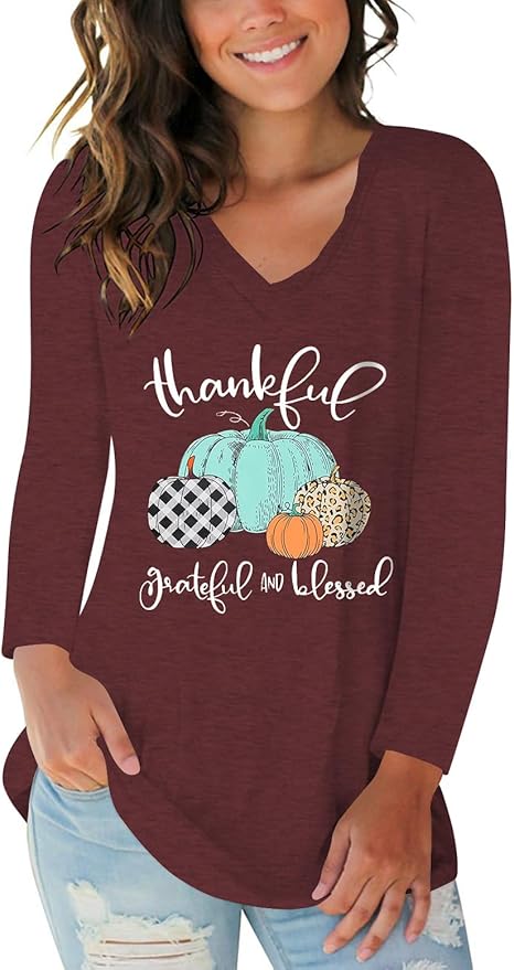 Tobrief Women's Long Sleeve V-Neck Shirts Fall Graphic Tees Loose Casual T-Shirt