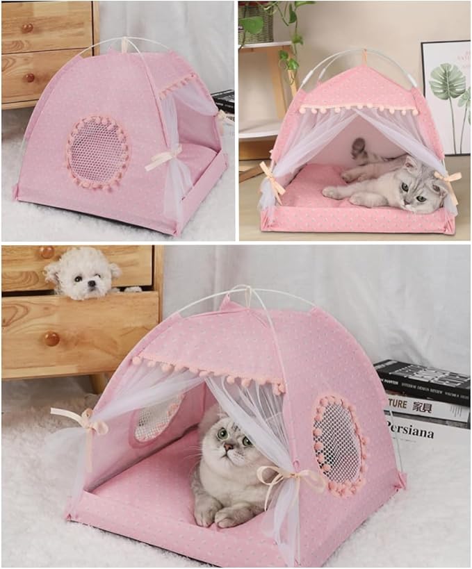Cat Bed Tents Dog House Indoor Outdoor Lace Mesh Breathable Windows Door Curtains Removable Portable Nest Teepe House (Medium,Pink(Flower))
