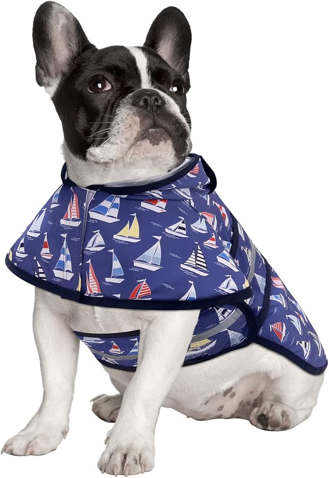 HDE Dog Raincoat Jacket Reflective Adjustable Hooded Pet Poncho Rain Coat with Leash Hole for Small to X-Large Dogs Nautical Boats - M